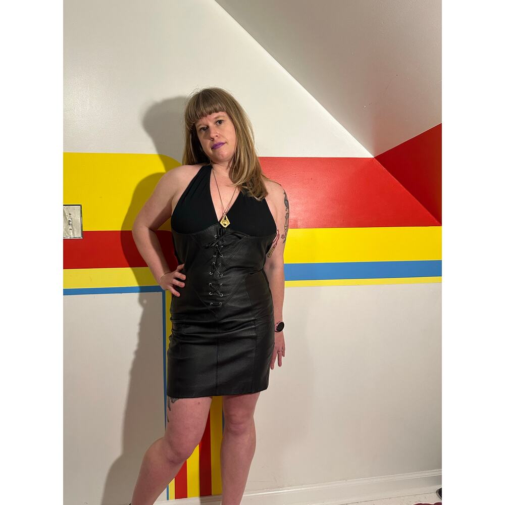 1990s 90s vintage black leather body con halter mini dress club hair metal m